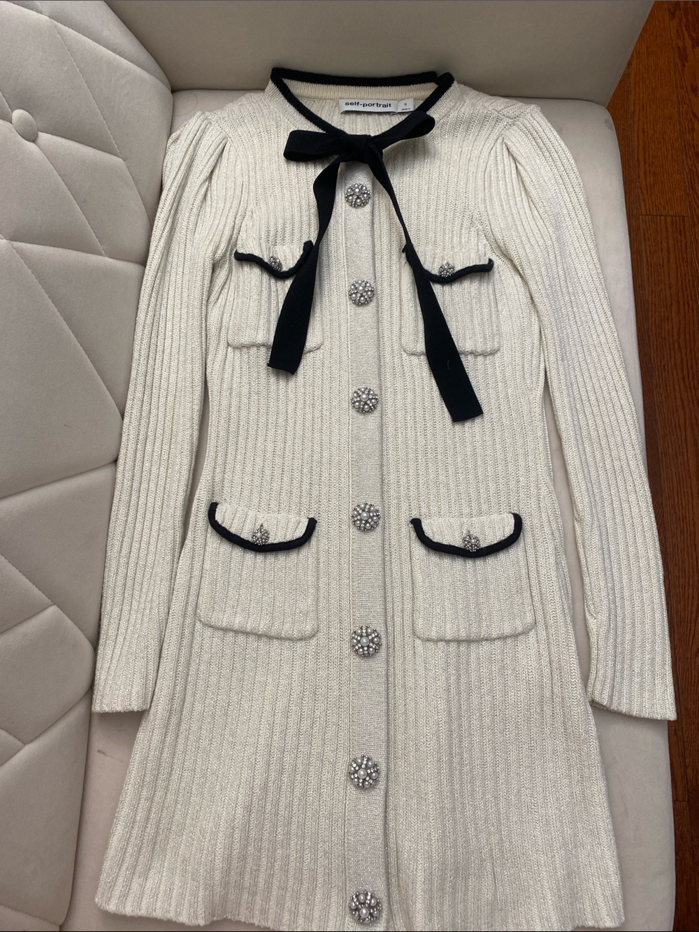Self-Portrait Cream Knit Longline Jacket with Black Bow Trim